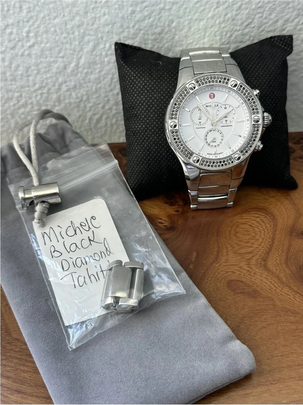 Unique & Rare Michele Tahitian Black Diamond & SS Band Chronograph Ladies Watch